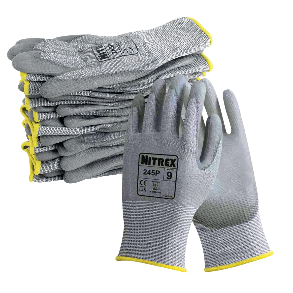Nitrex 245P Work and Safety Gloves, Bag of 10 Pairs, Size 8 - D Rated Cut Resistant Gloves with PU Palm Coating