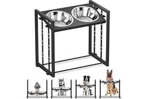 PAWTNERS Elevated Metal Dog Bowls for Medium Breed: 4 Height-Adjustable Raised Dog Bowl Feeder Station with 2 Stainless Steel Bowls, Black