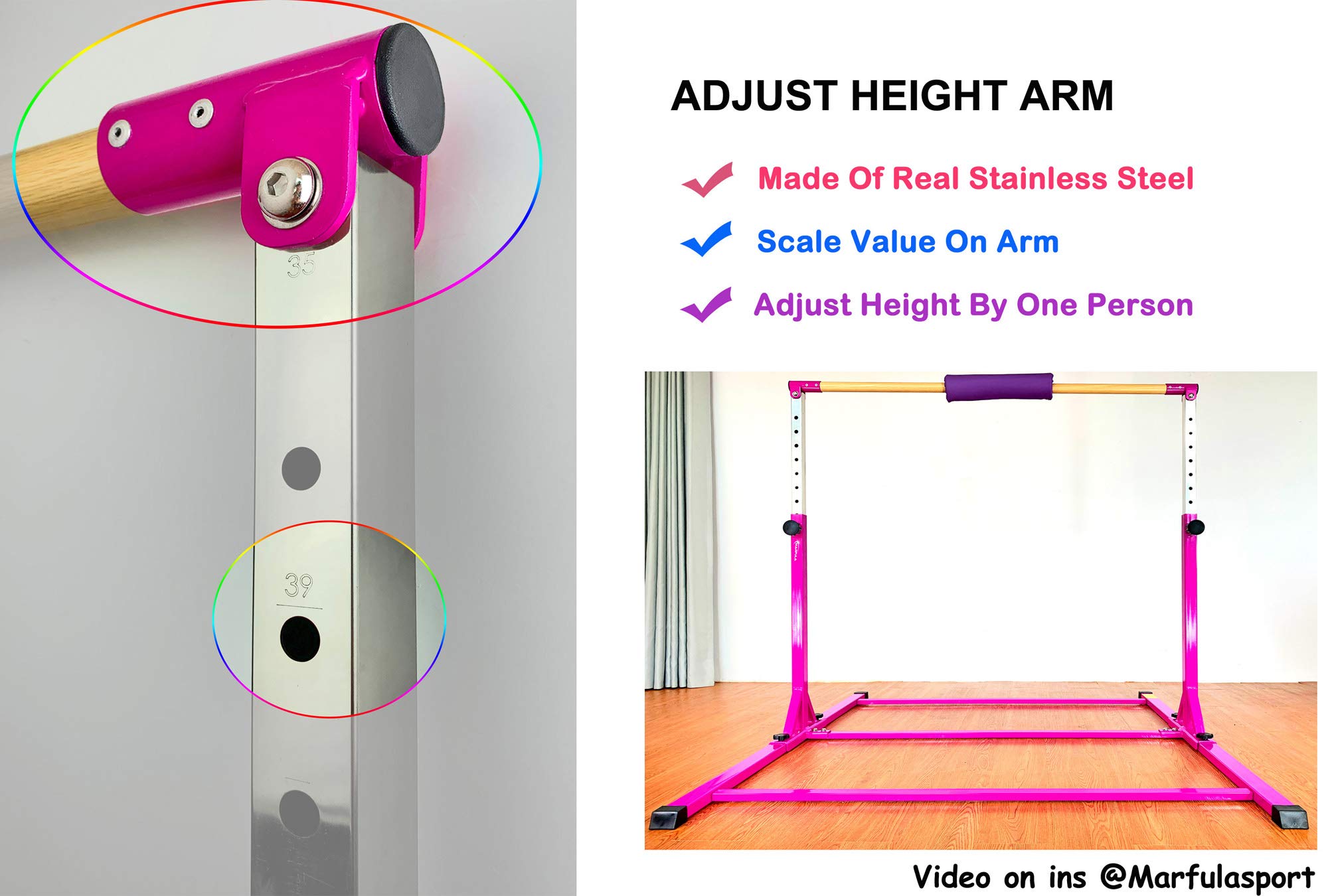 MARFULA Adjustable Gymnastics Bar Kip Bar with Fiberglass Rail & 304