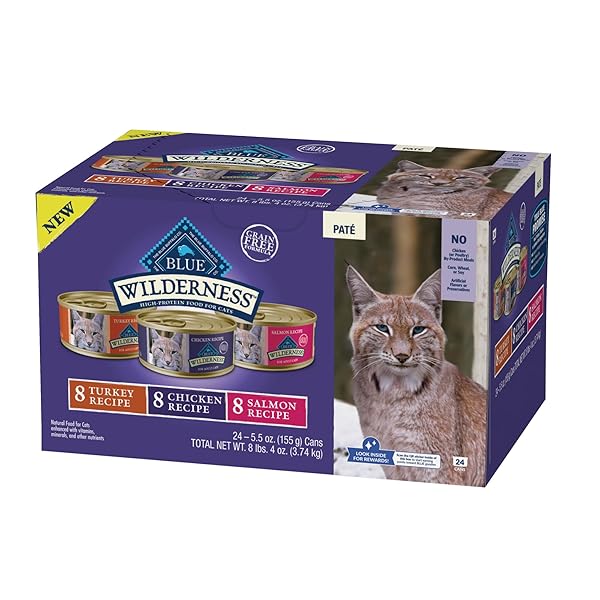 BLUE BUFFALO WILDERNESS HIGH PROTEIN, NATURAL ADULT PATE WET CAT FOOD VARIETY PACK, CHICKEN, SALMON, TURKEY 5.5-OZ CAN (24 COUNT – 8 OF EACH FLAVOR)