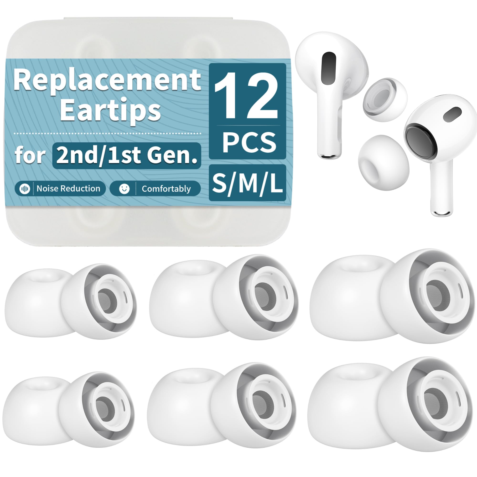 Photo 1 of ?6 Pairs? Replacement Ear Tips for AirPods Pro 2nd/1st Gen, Silicone Ear Tips with Noise Isolation, Dust Guard Mesh & Storage Case (S/M/L)