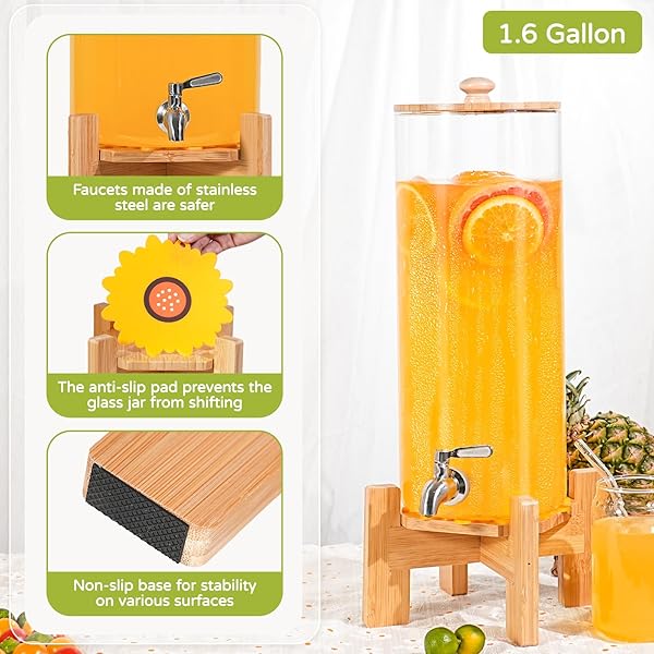 SPEETH 2 PCS 1.6 GALLON DRINK DISPENSER, LARGE WATER GLASS BEVERAGE DISPENSER WITH WOOD STAND FOR PARTIES WITH STAINLESS STEEL SPIGOT, IDEAL FOR LEMONADE,JUICE, TEA, AND PARTY DRINKS
