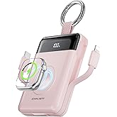 CHALIGTI Portable Charger,5000mAh PD 20W Super Fast Charging Power Bank with Built-in Cables,Travel Keychain Battery Pack for Apple Watch Ultra/11/10/9/8/7/6/SE,iPhone 17/16/15/14/13/12 (Pink)