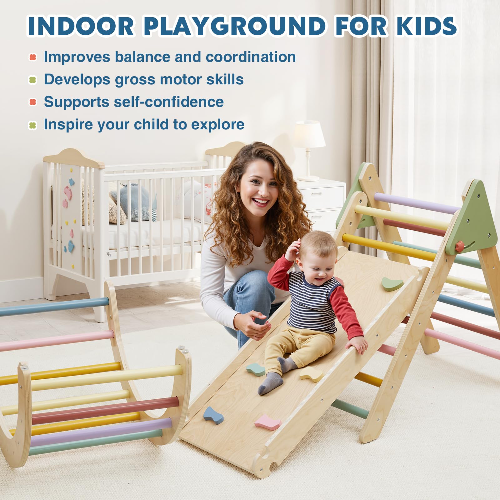 Pikler Triangle Set 7 in 1 Wooden Climbing Toys for Toddlers 1-3 Inside Baby Climbing Gym Montessori Foldable Climbing Set Baby Jungle Gym Indoor Philosophy Climber with Arch & Ramp & Ladder Climber