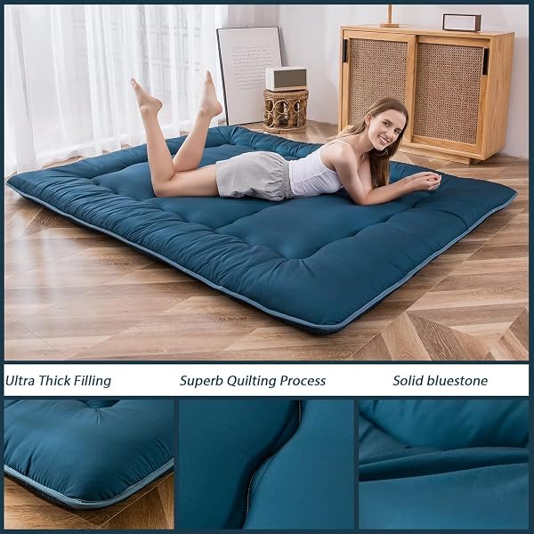 MAXYOYO JAPANESE FLOOR MATTRESS FUTON MATTRESS, THICKEN SLEEPING PAD FOLDABLE ROLL UP FLOOR FUTON FOR ADULTS TATAMI MAT DORMITORY BED LOUNGER, BLUESTONE, FULL SIZE