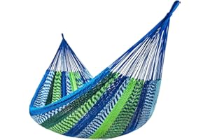 Lazy Daze Hammocks Handwoven Mayan Hammock, 10.5 FT Soft Rope Double Hammocks, Portable Outdoor Hammock with Carry Bag, 2 Straps & Carabiners for Patio Outside, 550 lbs Weight Capacity, Blue/Green
