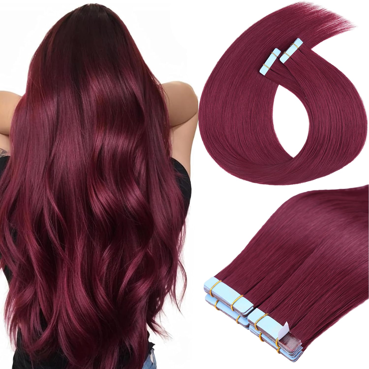 Mscat Tape in Hair Extensions 22 Inch 20Pcs 50g/pack Bungundy Invisible Straight Hair Extensions Tape in(22Inch Bungundy#) — image 1