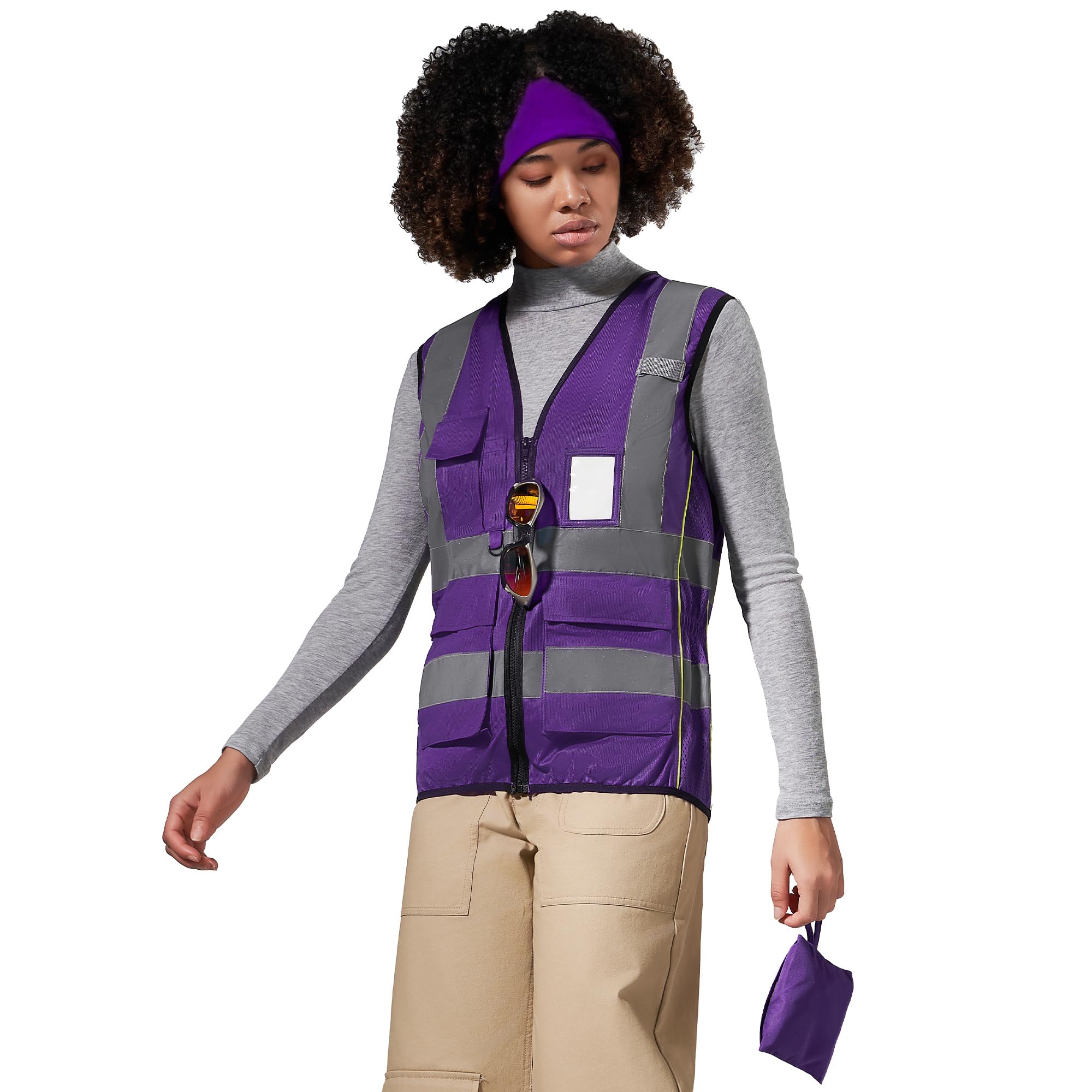 AYKRM Purple Women Hi Vis Vests Purple High Visibility Reflective Safety Security Vest with Pockets zipper