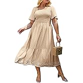 Glamaker Women's Plus Size Summer Casual Short Sleeve Smocked Square Neck A Line Flowy Midi Dress Long Dress
