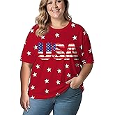 4th of July Shirts Women Plus Size:USA Star American Flag Crew Neck Short Sleeves Tee Patriotic T-Shirt