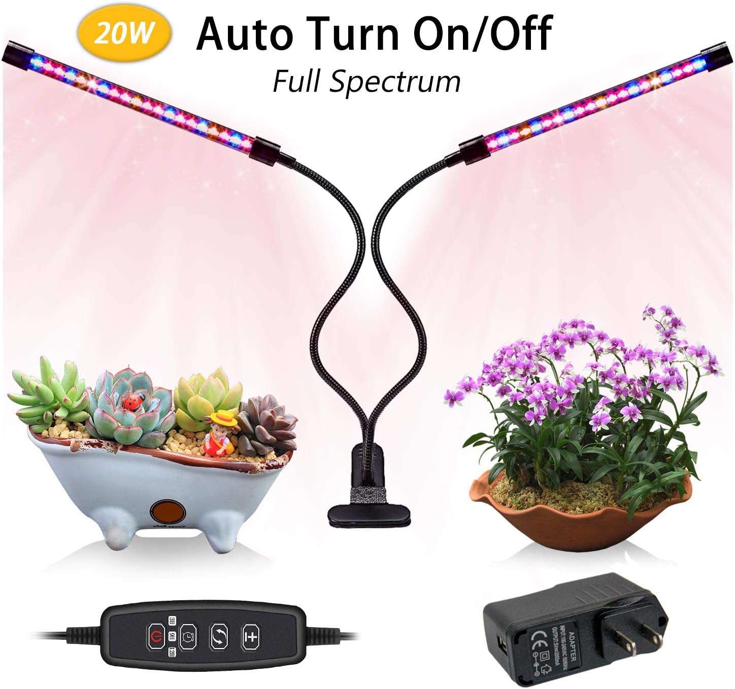 Led Grow Light,20W 40 Led Auto Turn On Grow Lights for Indoor Plants,JEKOOMI Timming USB Plant Grow Lamp with 9 Dimmable Levels,Red Blue Full Spectrum,3/9/12H Timer,3 Switch Modes