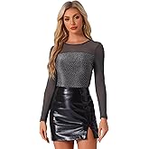 Allegra K Party Tops for Women's Mesh Glitter Round Neck Long Sleeve Christmas Sparkly Slim Fit Top