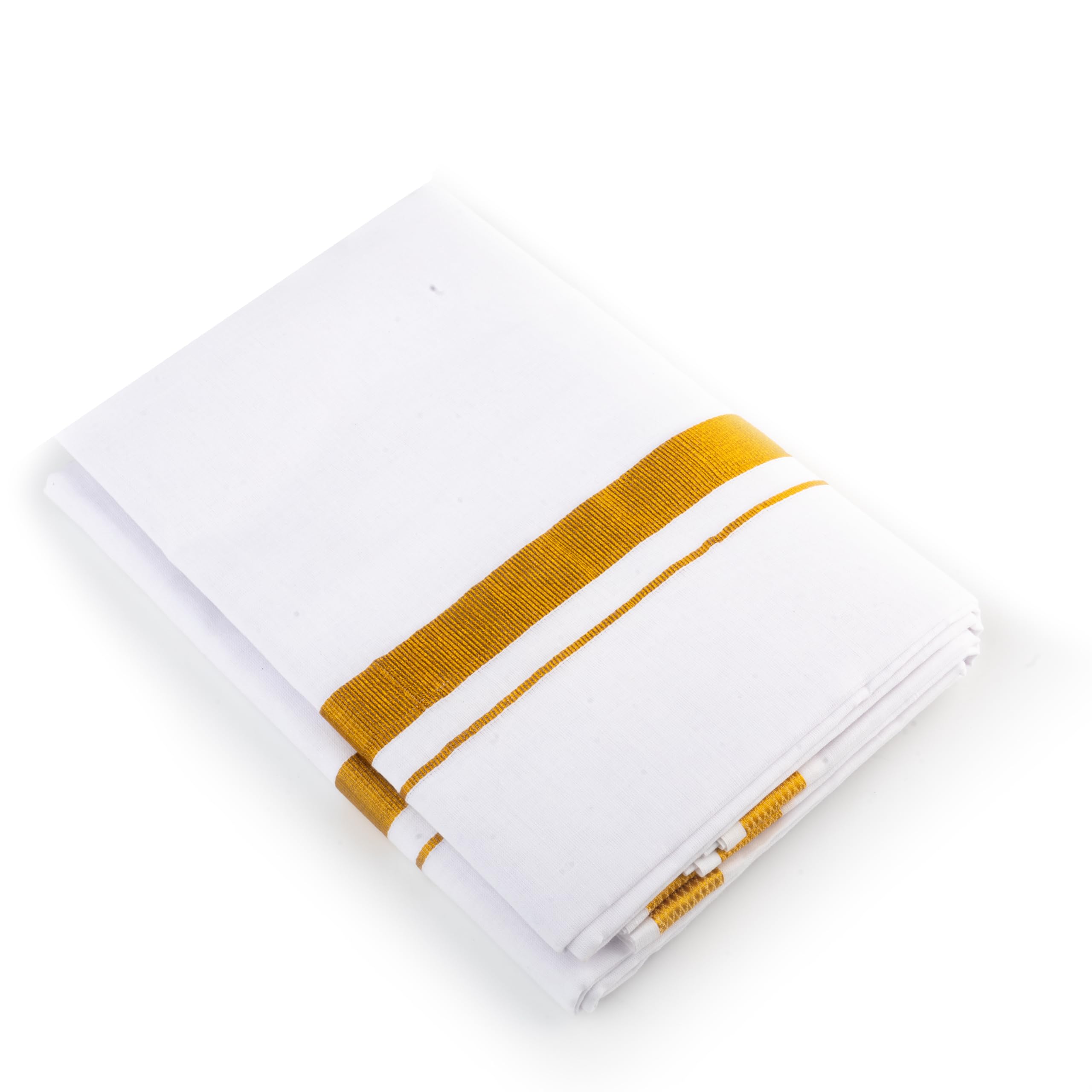 Photo 1 of Cotton Dhoti Vesti Mundu Double Layer with Golden Border for Religious Occasion Wedding New Year Temple Puja Rituals Housewarming and Gifting (White 4 meters)
