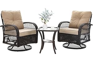 VONZOY 3 Pieces Patio Furniture Set, Outdoor Swivel Glider Rocker, Wicker Patio Bistro Set with Rocking Chair, Thickened Cushions and Table for Porch (Khaki)