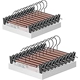 Jiang&Rong 20-Pack Wooden Hangers with Metal Clips - Adjustable Non-Slip Closet Organizers for Pants, Jeans, Skirts, Socks | Heavy-Duty Rustproof Hanger Set (Black)