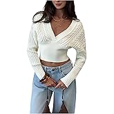 SOLY HUX Women's Deep V Neck Cropped Sweater Long Sleeve Fitted Knit Tops Pullover Fall Clothes