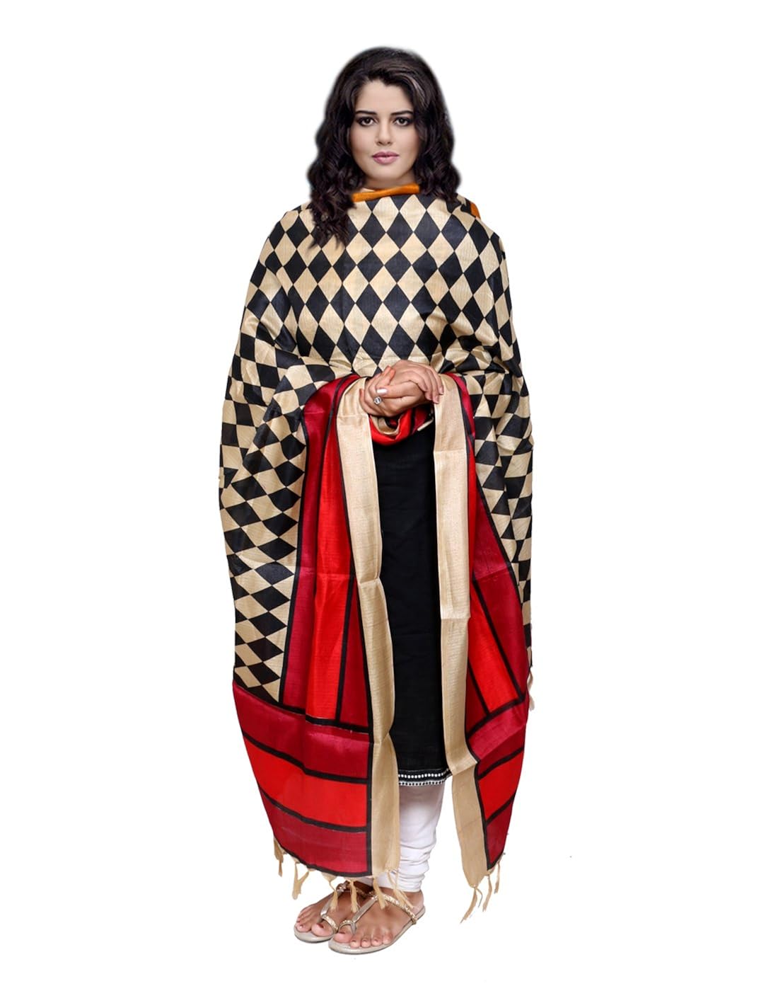 indiweaves women bhagalpuri/tussar silk digital print black+red dupatta
