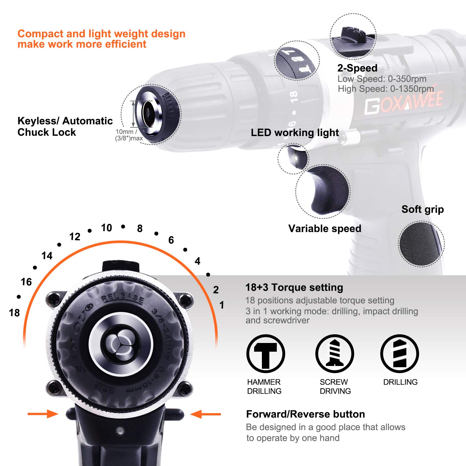 Cordless Drill with 2 Batteries - GOXAWEE 100pcs Accessories 12V Electric Power Drill Set with Hammer Function, 3/8\