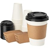 RACETOP 12 oz 50 pack Disposable Paper Coffee Cups with Lids and Sleeves | Thickened Paper Material, Leak-Proof Lids, Heat-Resistant Sleeves, For Hot/Cold Drinks, Ideal For Coffee Shops/Offices/Home