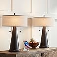 Franklin Iron Works Craig Rustic Farmhouse Accent Table Lamps 23" Tall Set of 2 with USB Charging Port Bronze Metal Natural Drum Shade for Bedroom Living Room House Desk Bedside Nightstand Office
