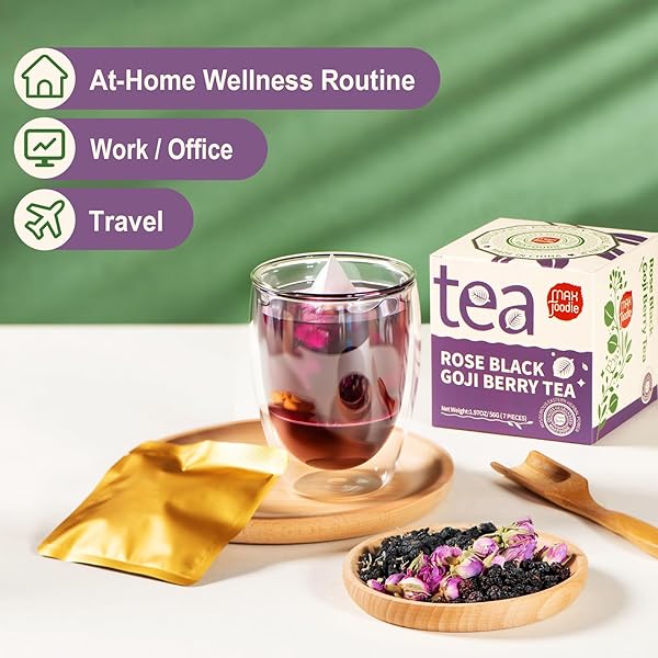 MAX FOODIE ROSE & BLACK GOJI BERRY HERBAL TEA – NATURAL ANTIOXIDANT-RICH BLEND FOR SKIN GLOW, RELAXATION & IMMUNE SUPPORT – 7 TEA BAGS (70G, 8G/BAG)