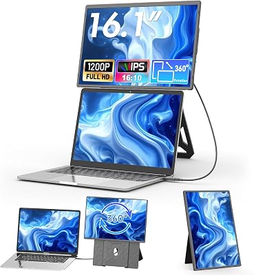 Monitor portátil, extensão de ecrã FHD 1200P de 16,1" para portáteis, monitor com suporte magnético rotativo de 360°, monitor de viagem para todos os portáteis, Plug & Play Windows/Mac/Chrome/Xbox