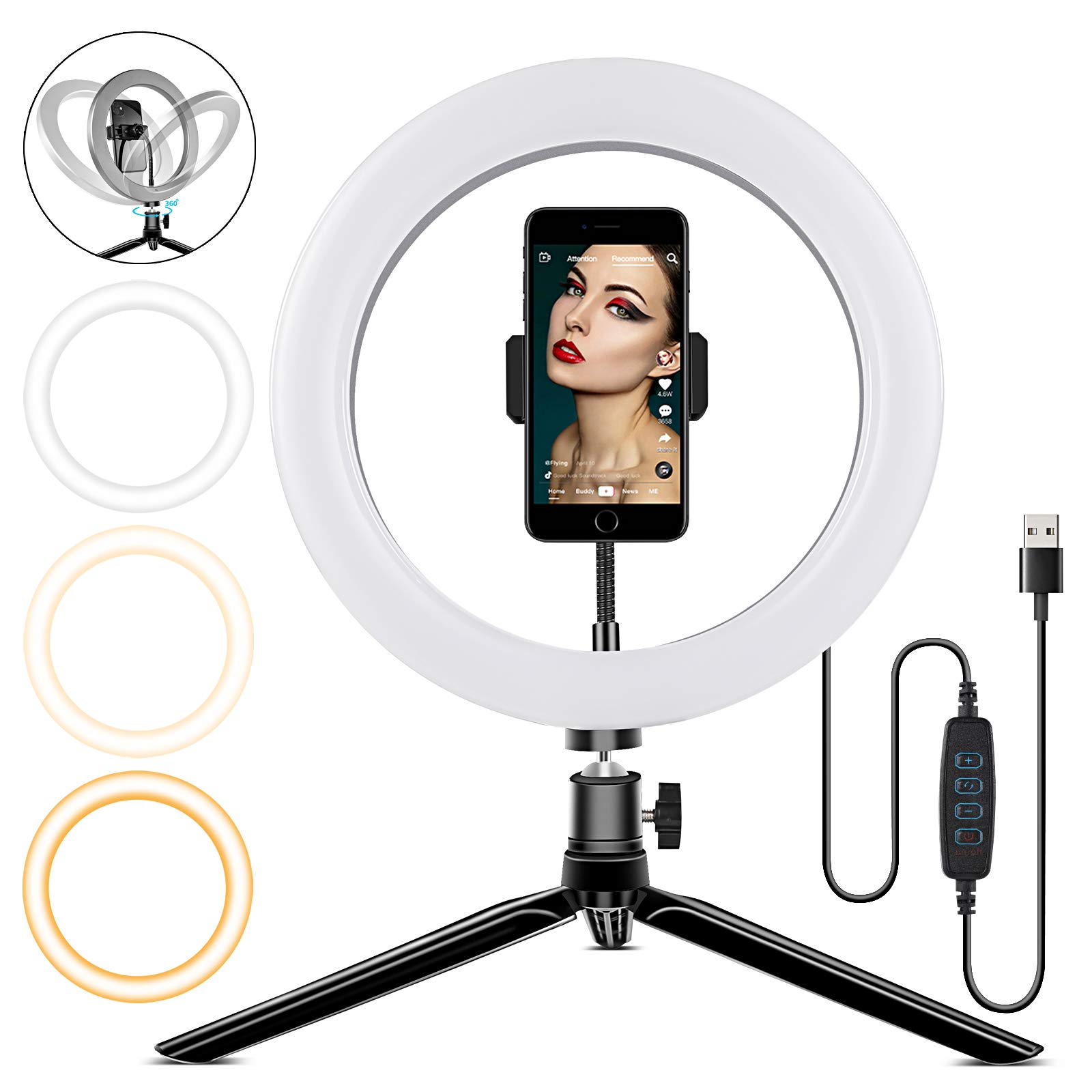 LED Ring Light 10" with Tripod Stand & Phone Holder for YouTube Video, Dimmable Desk Makeup Ring Light & Desktop Camera Led Ring Light for Selfie Photography, 3 Light Modes Level(Aluminum ShellGray)