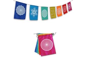 HANDS OF TIBET Sacred Geometry Rainbow Prayer Flags Positive Energy Shri Yantra, Flower of Life, Seed of Life, (9X12 Multi)