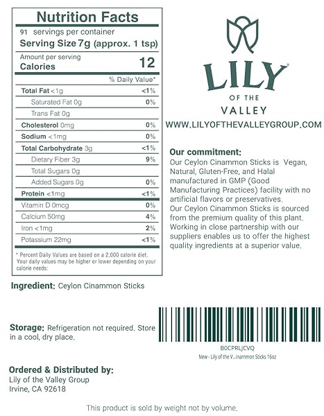 LILY OF THE VALLEY CEYLON CINNAMON POWDER – GROUND CINNAMON IDEAL FOR BAKING & COOKING – EXQUISITE FLAVOR AND AROMA – KETO FRIENDLY – VEGAN & GLUTEN-FREE – PACKED IN RESEALABLE POUCH (16OZ, 453G)