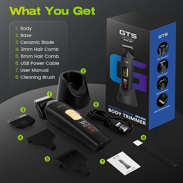 GTS PRO ELECTRIC BODY HAIR TRIMMER FOR MEN – MULTI-ANGLE CERAMIC BLADE WITH LED SCREEN & 7000RPM ADJUSTABLE SPEED, IPX6 WATERPROOF PUBIC/BALL/GROIN SHAVER KIT, USB/DOCK CHARGING, 90MIN RUNTIME, BOX