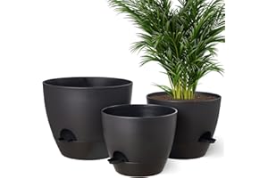 Gardrium Self Watering Planters 12/10/9 inch Plant Flower Pots Set of 3 Plastic with Drainage Hole for Indoor Outdoor Garden, Black