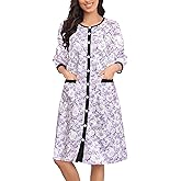 Bloggerlove House Dress Women Cotton Snap Front Nightgown 3/4 Sleeve Housecoat Duster Robe with Pockets Moomoo Patio Dress