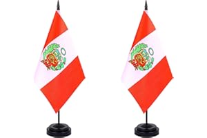 JBSJBS Peru Desk Flag 12" Solid Pole Deluxe Set Peruvian Flags Banner Mini Small Peru Office Table Flags with Black Stand Base Desktop Decorations(2Pack)
