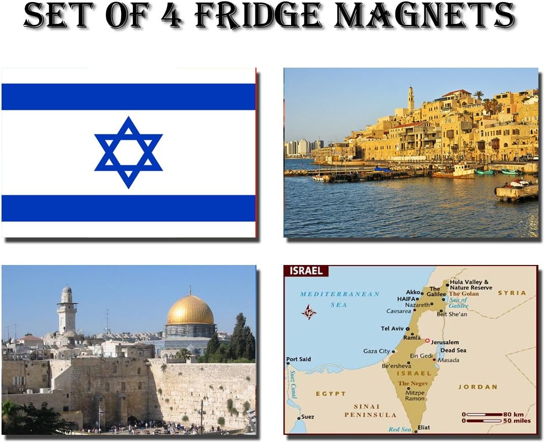 REFRIGERATOR MAGNET Set of 4 Israel Fridge Magnets – Israel Flag, Israel MAP, Israel Attractions