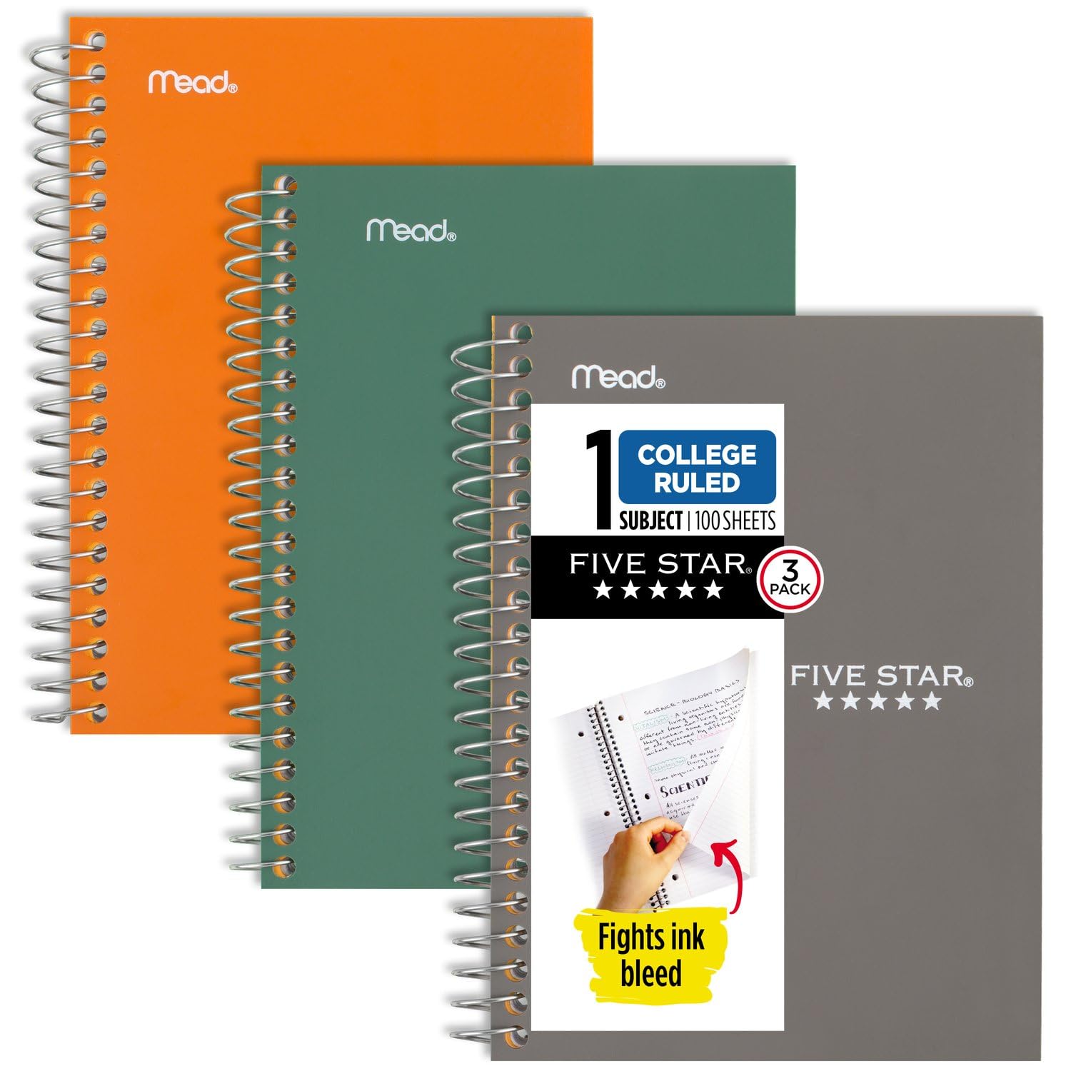Five Star Spiral Notebooks, 1 Subject, College Ruled Paper, 100 Sheets, 7" x 5", Personal Size, Teal, Yellow, Lime, 3 Pack (38644)