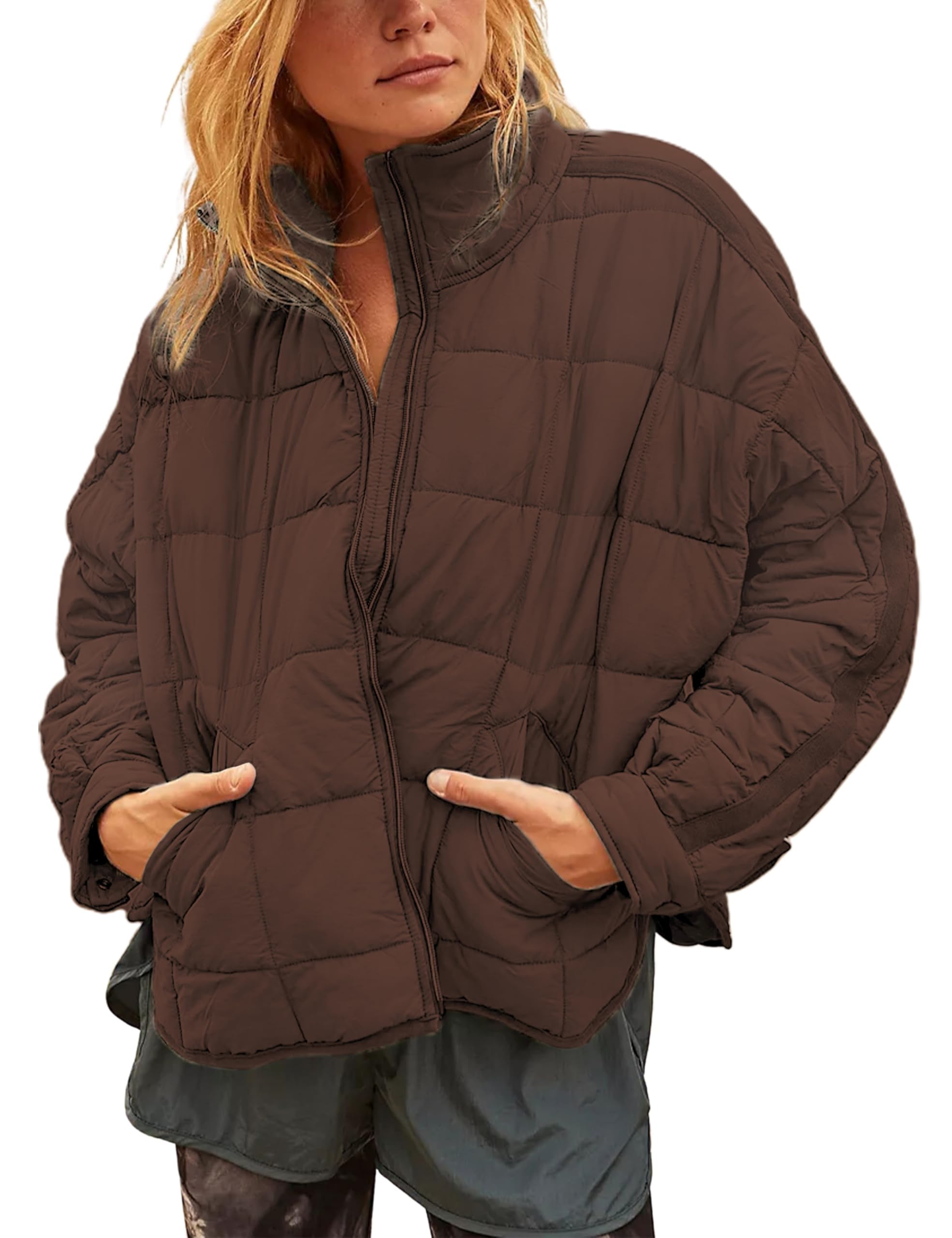 Photo 1 of Xiaoxuemeng Womens Quilted Puffer Jacket Zip Up Lightweight Padded Coat Outwear (Brown-M)