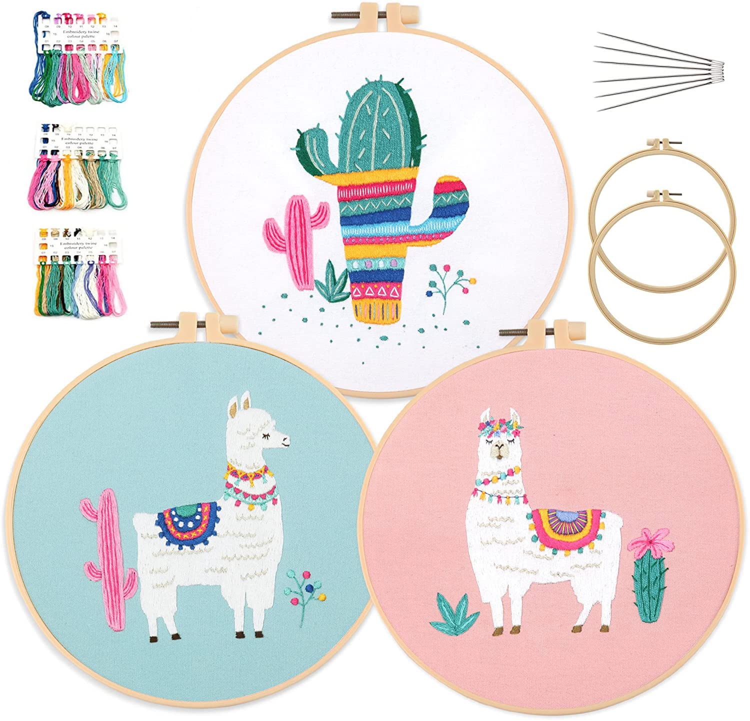 Mingham Embroidery Kit with Flossing Needles for Beginners Full Range Kits Alpaca Cactus Cross Stitch Starter Kit