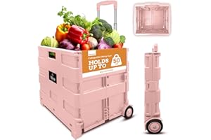 Inspired Living Ultra-Slim Rolling Collapsible Storage Pack-N-Roll Utility-carts, with Telescopic Handle, for Home, Garden, Shopping, Office, School use, Medium, Raspberry Pink