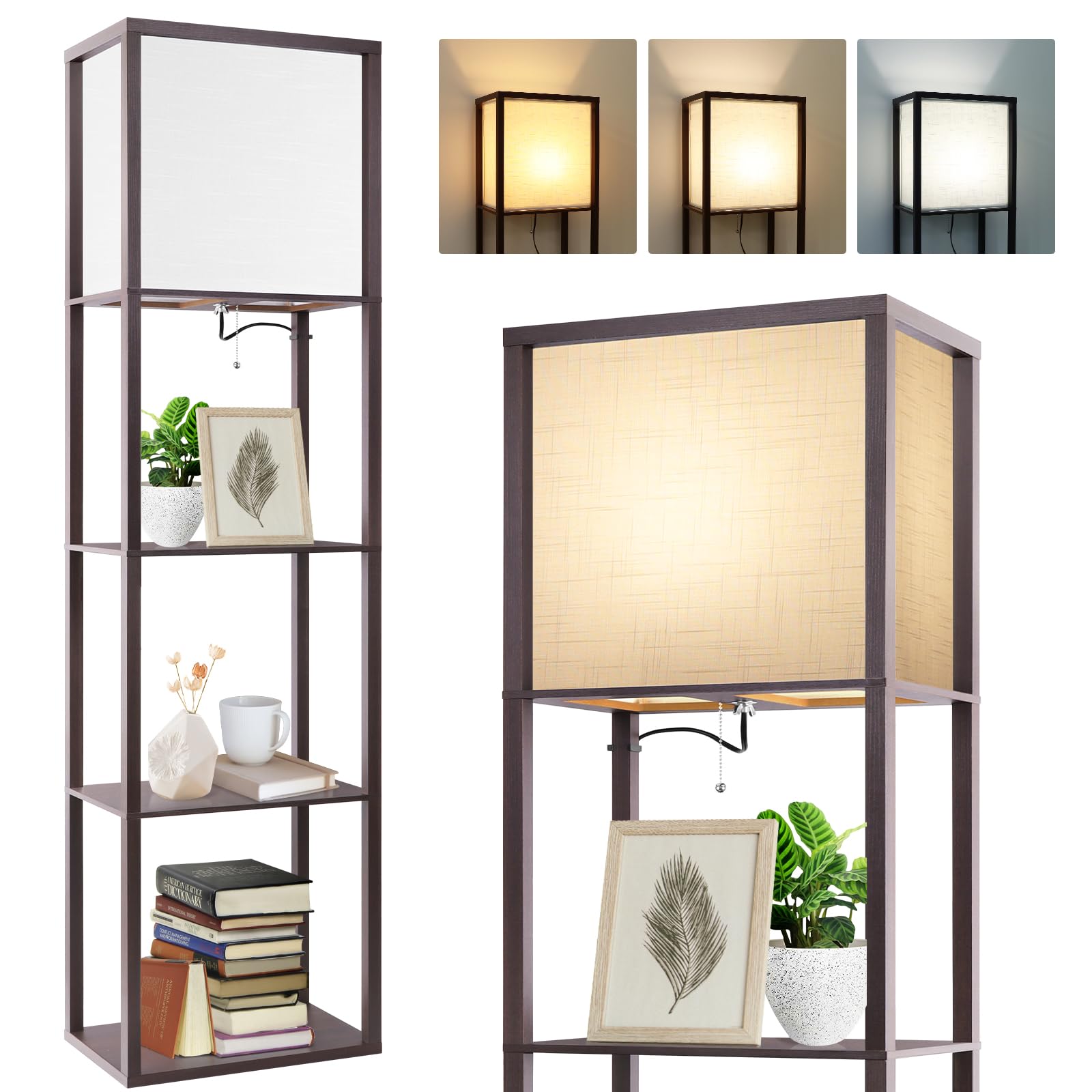 Photo 1 of AVV Floor Lamp with Shelves Plus, 4-Tier Modern Shelf Floor Lamp 15W LED Bulb with 2700 4000K 5000K Color Selectable, Display Lamp for Living Room, Bedroom, and Office, Walnut Wood