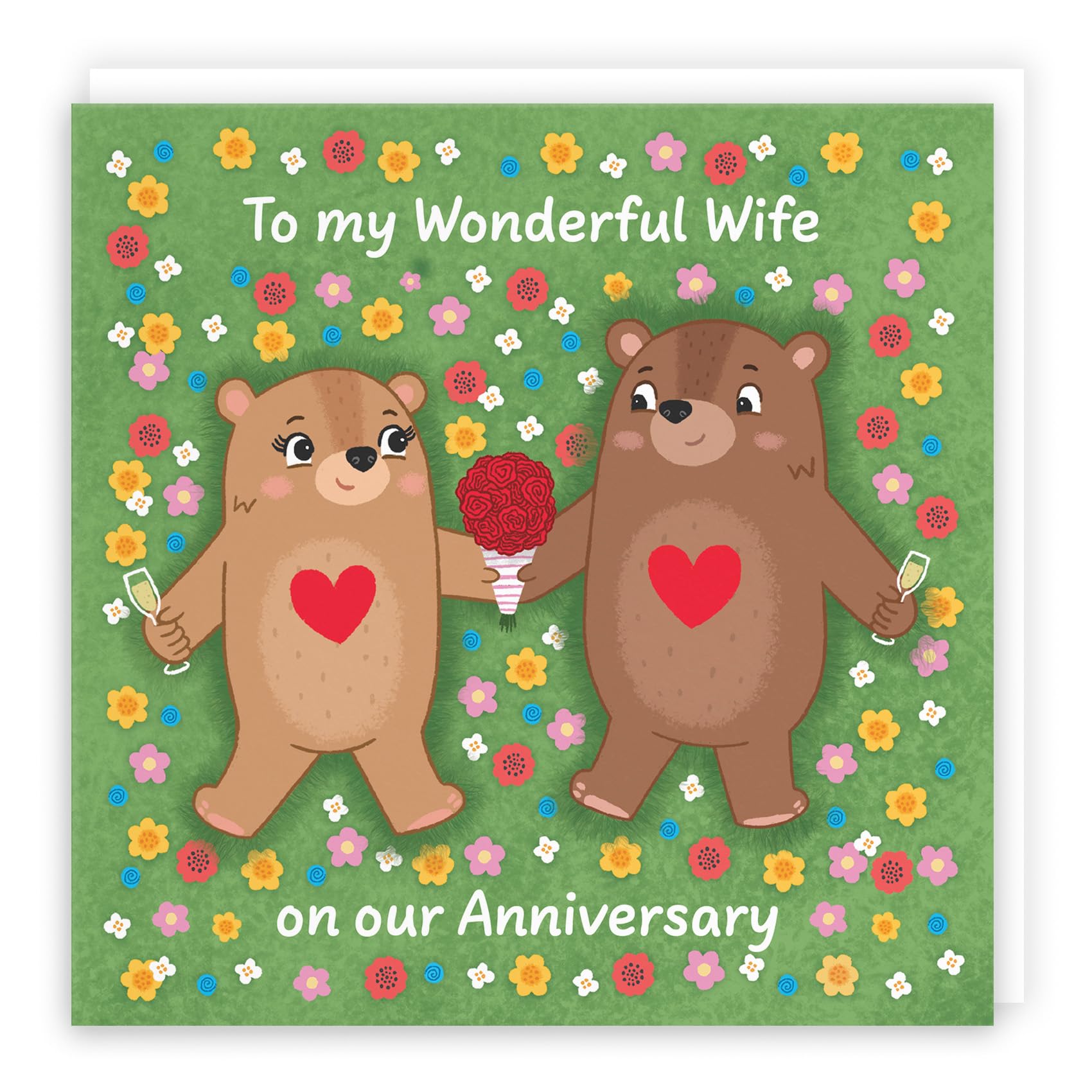 Hunts England - Cute Flowery Bears Wife Anniversary Card - Fun Bears Anniversary Card - Love Story Collection