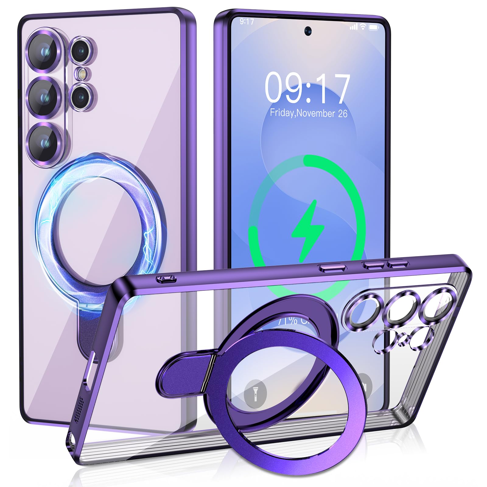 Photo 1 of Magnetic Stand & Full Camera Lens Protector Case for Samsung Galaxy S25 Ultra[Compatible with MagSafe][Military Drop Protective]Not Yellowing Clear Slim Soft S25 Ultra Phone Case for Women Men,Purple