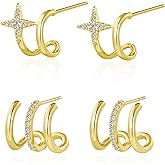 Triple Huggie Hoop Earrings with Star Dangle- Small 14K Gold Plated Cubic Zirconia Half Hoop Earrings Stack, Hypoallergenic Non Tarnish Dainty Jewelry Gift for Women