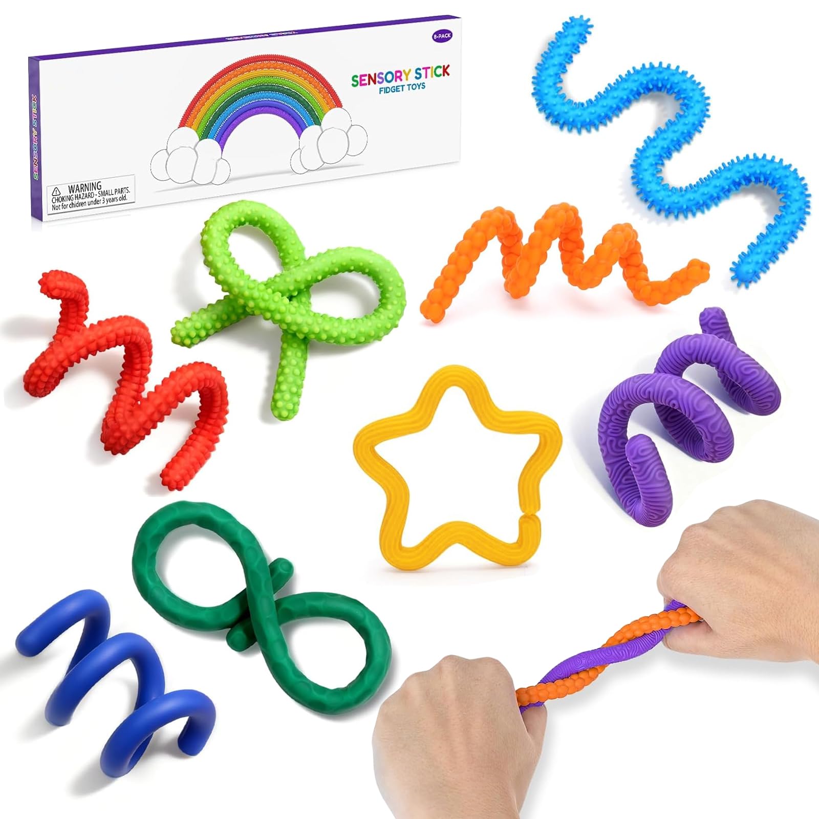 Quelcc 8 PCS Fidget Toys Sensory Stick, Colorful Quiet Fidget Toy, Textured Silicone Sensory Toys for ADHD Autism Anxiety Relief, Calm Down Travel Toy for Kids Adults