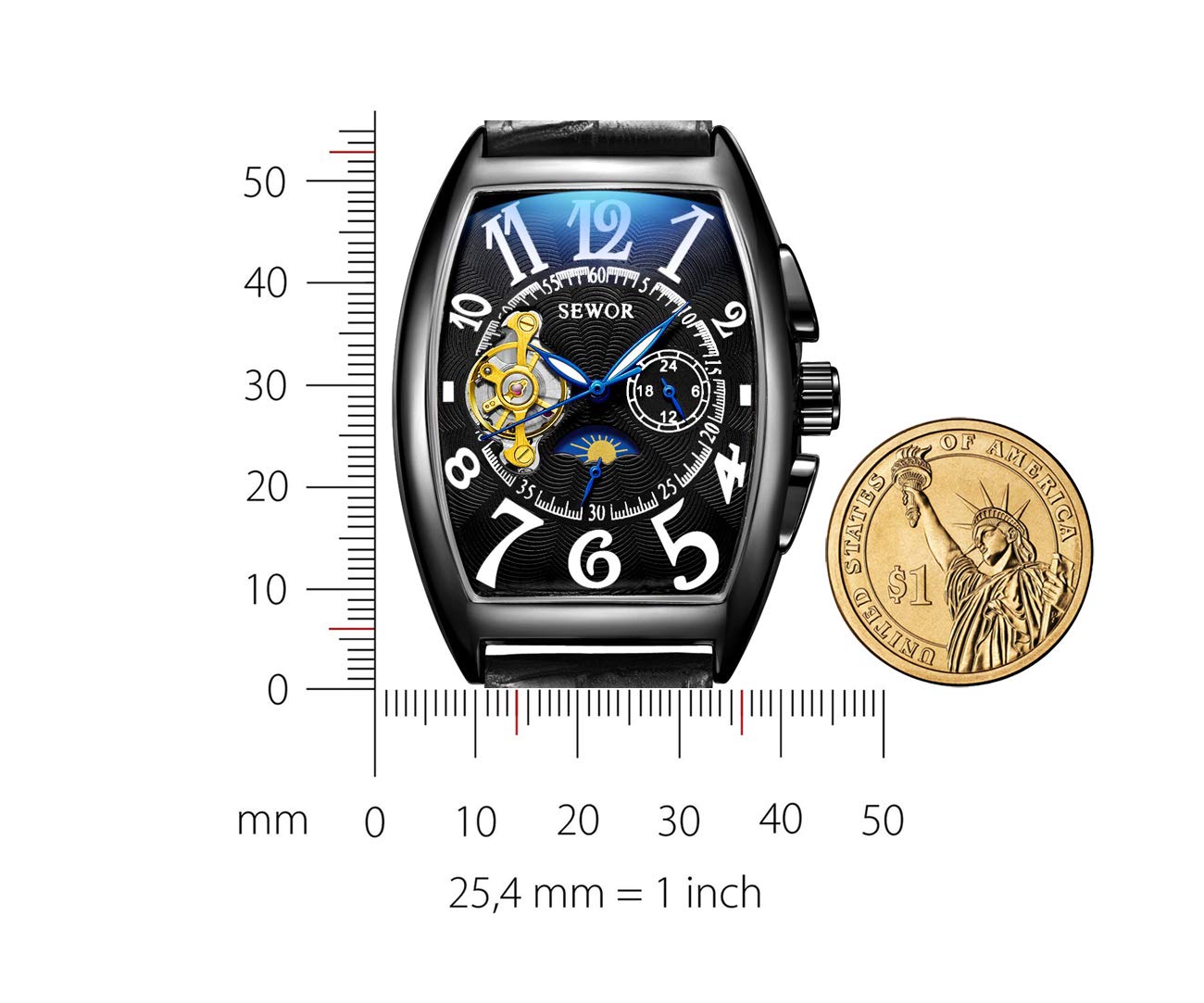 SEWOR Mens Automatic Business Dress Tonneau Moon Phase Wrist Watch Mechanical Self Wind (Black)