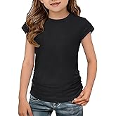 ZDC Girls Ruched Tops 2026 Kids Trendy Cap Sleeve Tshirts Crew Neck Shirts
