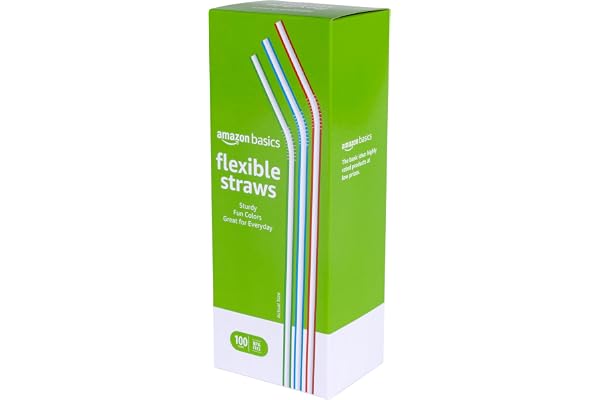 Amazon Basics Disposable Striped Plastic Flex Straws, BPA Free, Food-Safe, 7.5" Long, Assorted Colors, 100 Count
