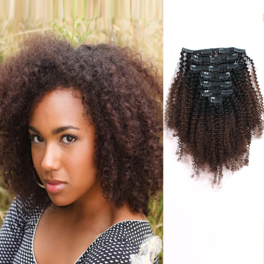 AmazingBeauty 8A Grade 3C 4A Big Afro Kinkys Curly Ombre Hair Extensions Double Weft Real Remy Human Hair for African American, Natural Black Fading into Chocolate Brown Two Tone Color TN-4, 18 Inch