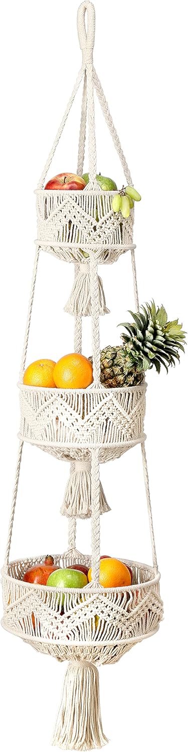 Folkulture 3 Tier Hanging Fruit Basket for Kitchen, Macrame Hanging Basket for Fruit and Vegetable Storage, Boho Wall Baskets for Organizing, Boho Decor for Indoor Plants, 46 Inches Long