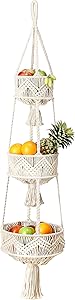 Folkulture 3 Tier Hanging Fruit Basket for Kitchen, Macrame Hanging Basket for Fruit and Vegetable Storage, Boho Wall Baskets for Organizing, Boho Decor for Indoor Plants, 46 Inches Long