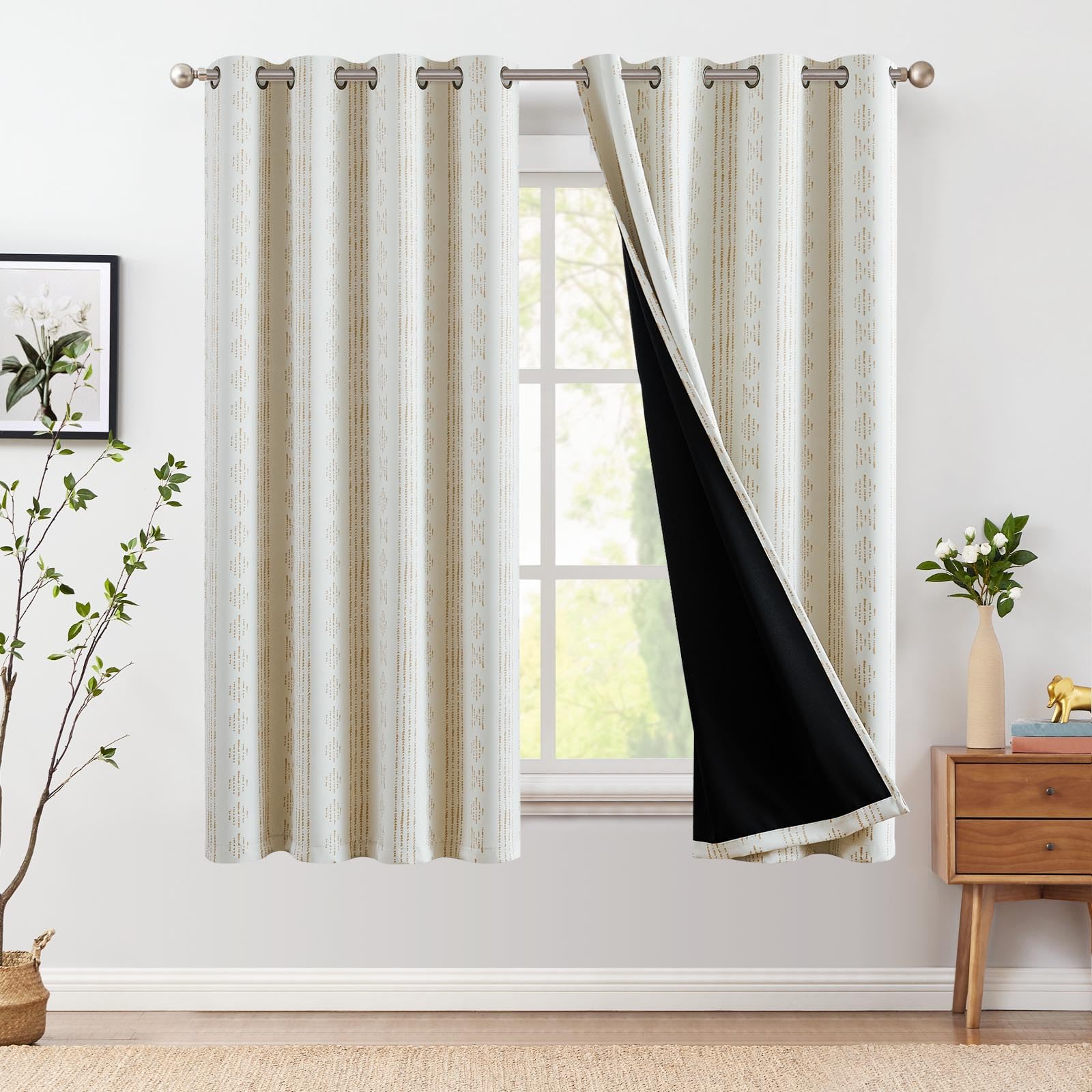 Photo 1 of jinchan 95% Blackout Boho Curtains 54 Inch Longes for Bedroom Beige Geometric Printed Grommet Top Room Darkening Thermal Insulated Window Drapes 2 Panels